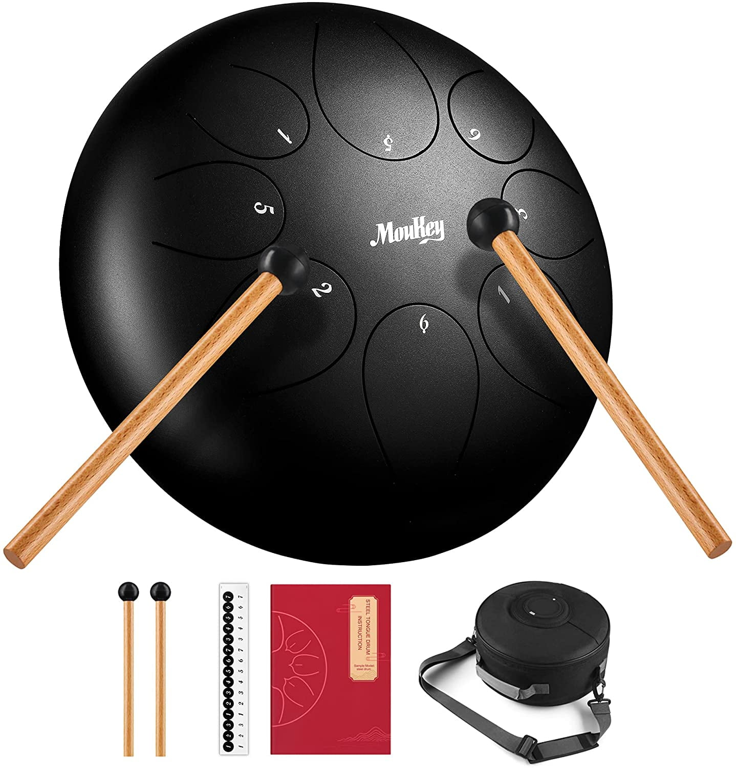 Preventie Auroch sturen Moukey Tongue Drum, Steel Drum 8 Notes , Worry Free Drum 10 Inches,  Portable Handpan, C Major Steel Tongue Drum, Calm Drum with Drumsticks,  Stylish Travel Bag, Tone Sticker and Music Book,