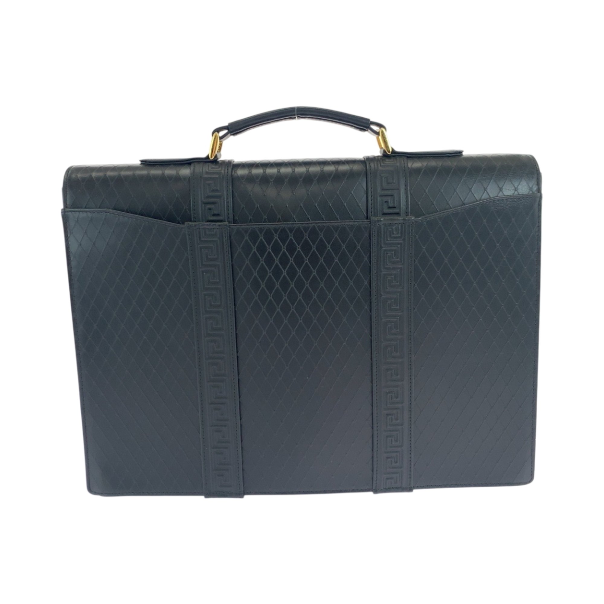 Pre-Owned Gianni Versace Vintage Sunburst Black Leather Business Briefcase with Gold Hardware...