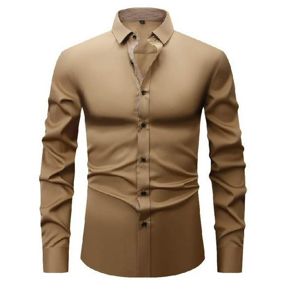 Lcziwo Plain Dress Shirts for Men 4 Way Stretch Business Dress Tshirts Lapel Button Down Lightweight Office Blouses 2025 Brown,XXL