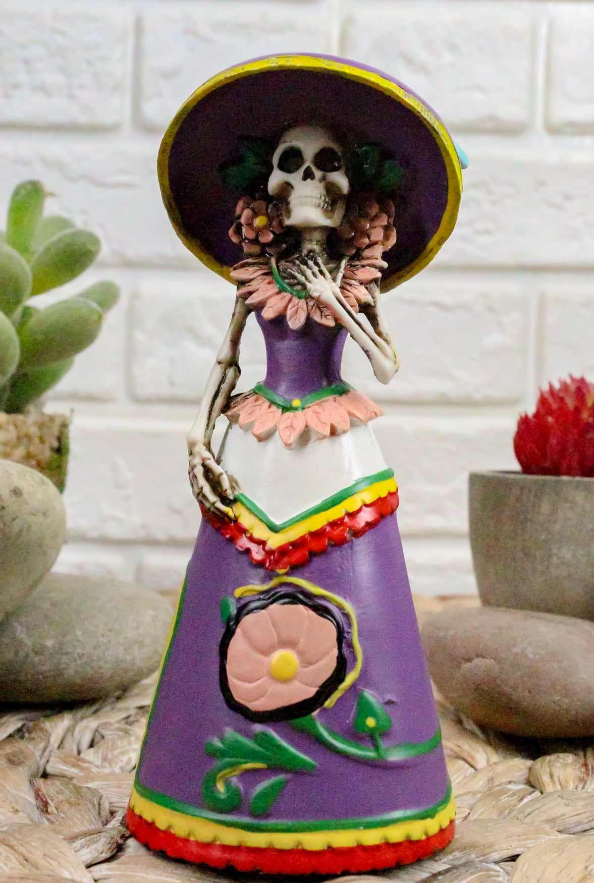 Blue Skeleton Lady in a Dress Posing 6"L Ebros Day of the Dead Black Haired 