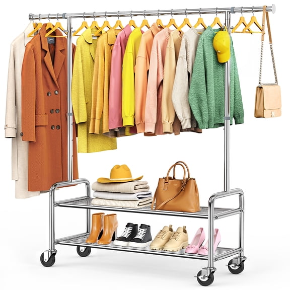 Stainless Steel Heavy Duty Clothes Rack with Shelves Load 760 LBS, Rolling Clothing Rack for Hanging Clothes, Commercial Garment Rack with Sturdy Wheels, Closet Rack for Bedroom Laundry Living Room