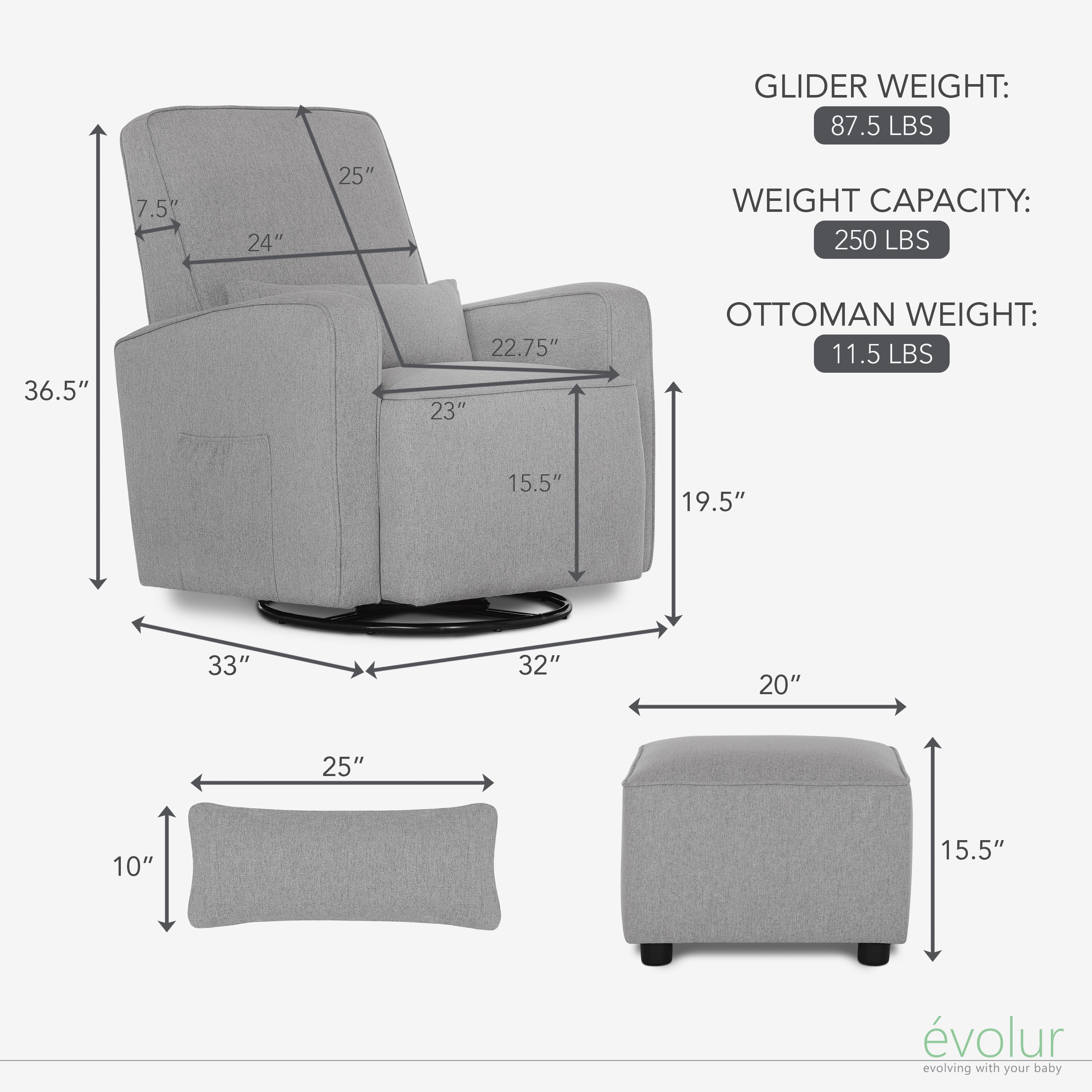 Evolur Holland Upholstered Swivel Glider | Rocker I Included Lumbar Pillow I Modern Design, Luxe Grey