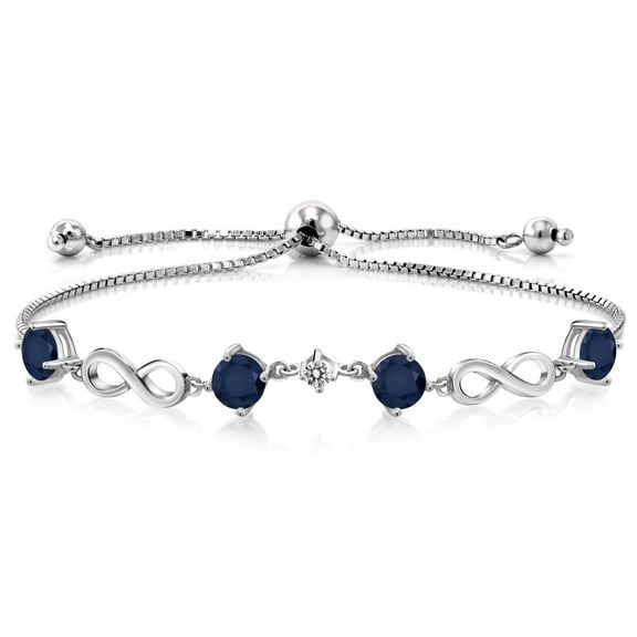 Gem Stone King 925 Sterling Silver Blue Sapphire and White Diamond Adjustable Infinity Bracelet for Women (2.47 Cttw, Gemstone Birthstone, Fully Adjustable up to 9 inch)