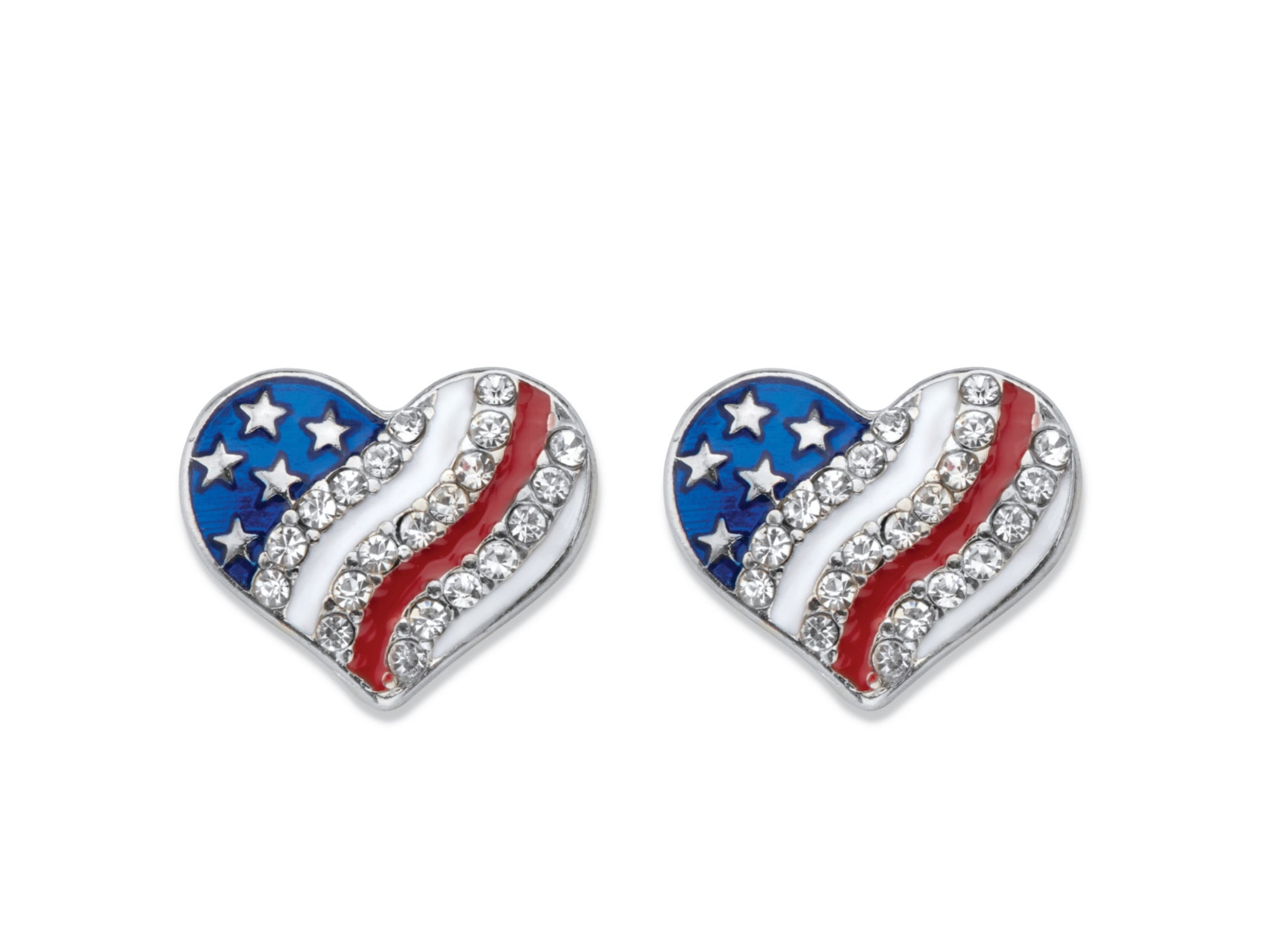 Crystal and Enamel Heart-Shaped American Flag Patriotic Holiday Earrings in Stainless Steel