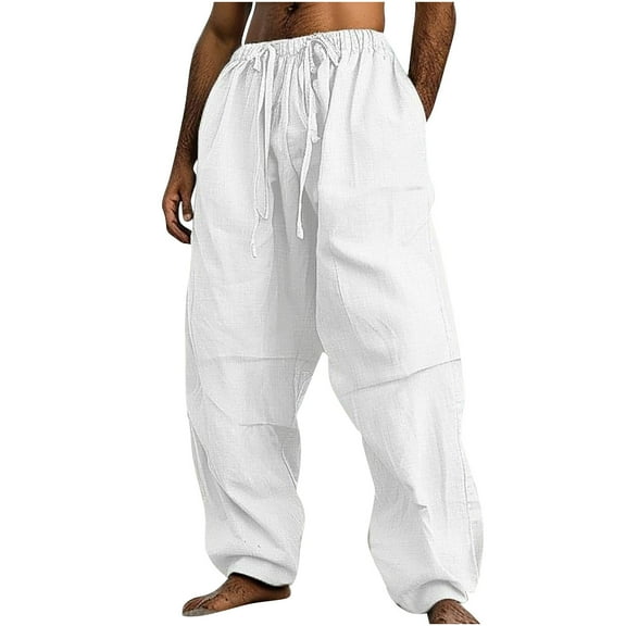 kosheko Linen Pants for Men Big and Tall Casual Baggy Yoga Beach Long Pants Elastic Drawstring Waistband Summer Pant Sweatpants White XXL
