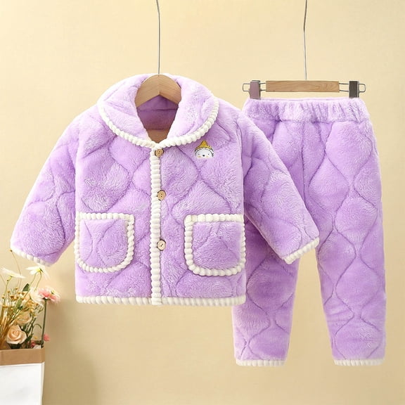 Placlothes Girls' 2-Piece Plush Quilted Outfit Set - 100% Polyester Warm Soft Shirts, Light Purple with Cartoon Embroidery, Button Top & Elastic Waist (3-14 Years),Size 8 T