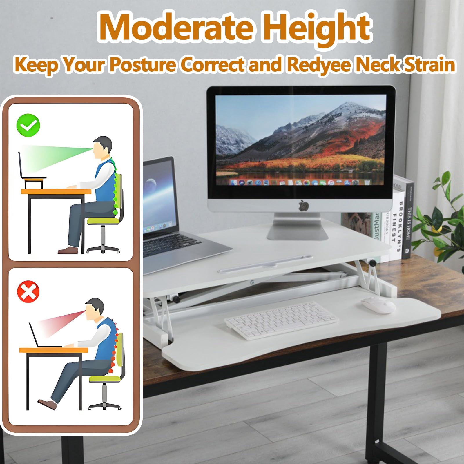 HomePerch 32" Height Adjustable Standing Desk Converter with Wide Keyboard Tray, Sit to Stand Riser for Dual Monitors and Laptop, White
