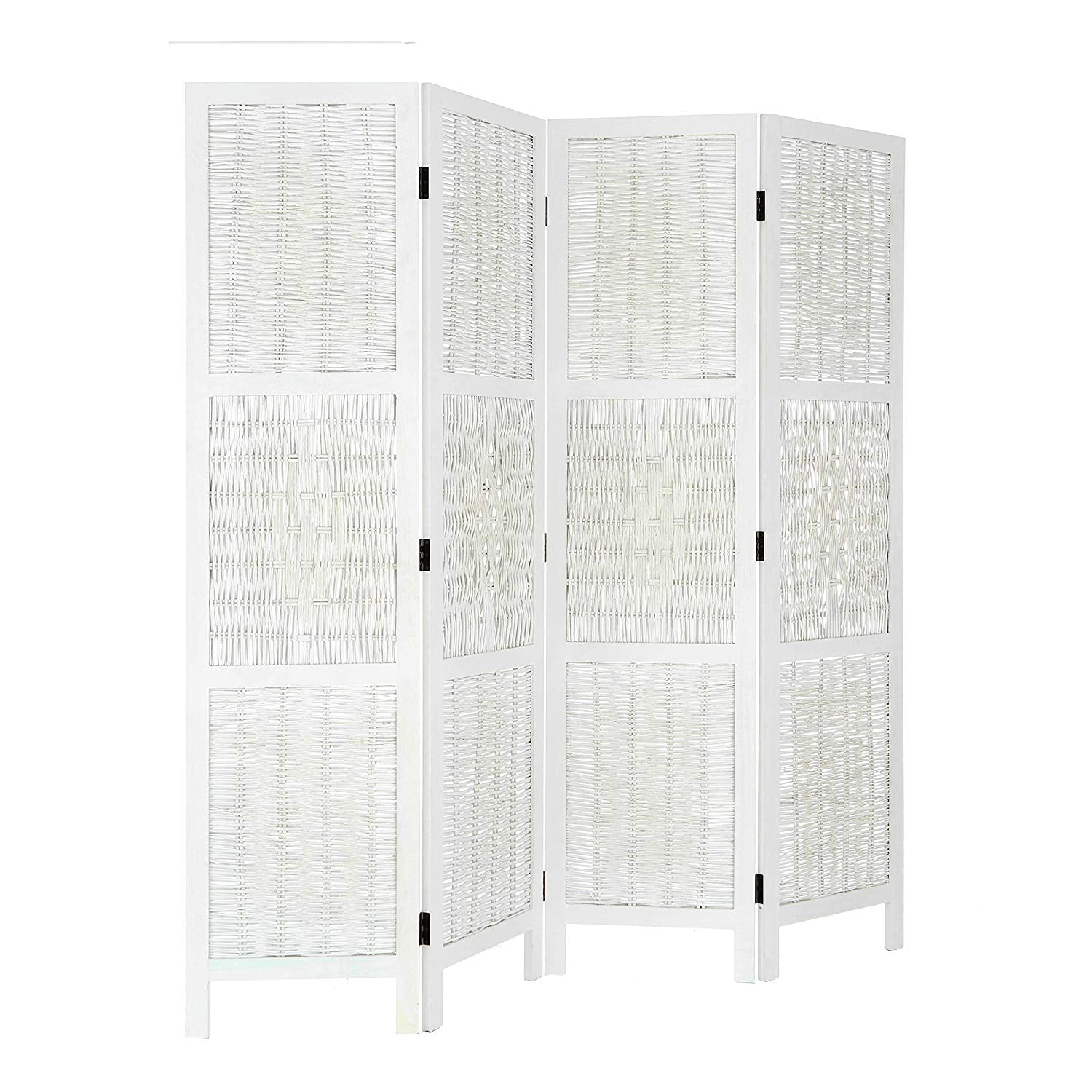 Legacy Decor 4 Panel Screen Room Divider Wicker and Wood White Color Diamond Design 71"H 70"W Freestanding