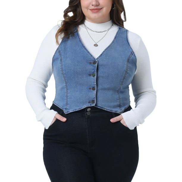 Chaleco de mezclilla sin mangas de talla grande para mujer GRACE & GRANDEUR, con cuello en V y botones, chaqueta de jean 1X azul claro