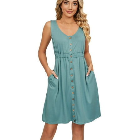 

Summer Dresses for Women 2022 Sleeveless V-Neck Solid Color Pocket Makings Dress Prom Dresses Green S