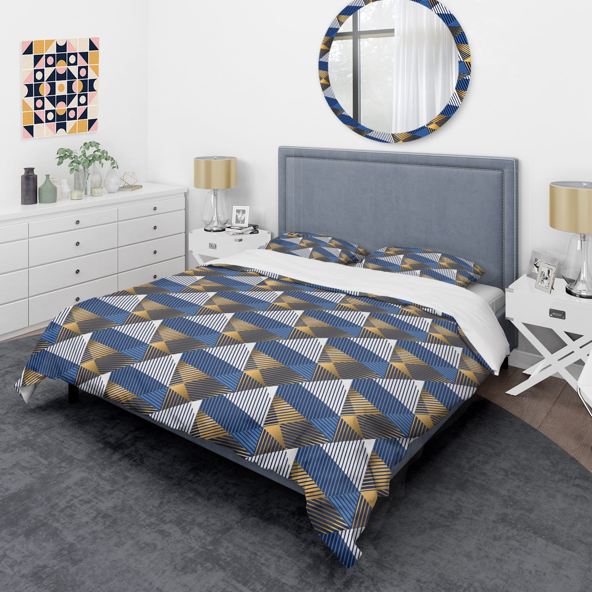 Designart 'Retro Luxury Waves In Gold And Blue V' Mid-Century Modern Duvet Cover Set