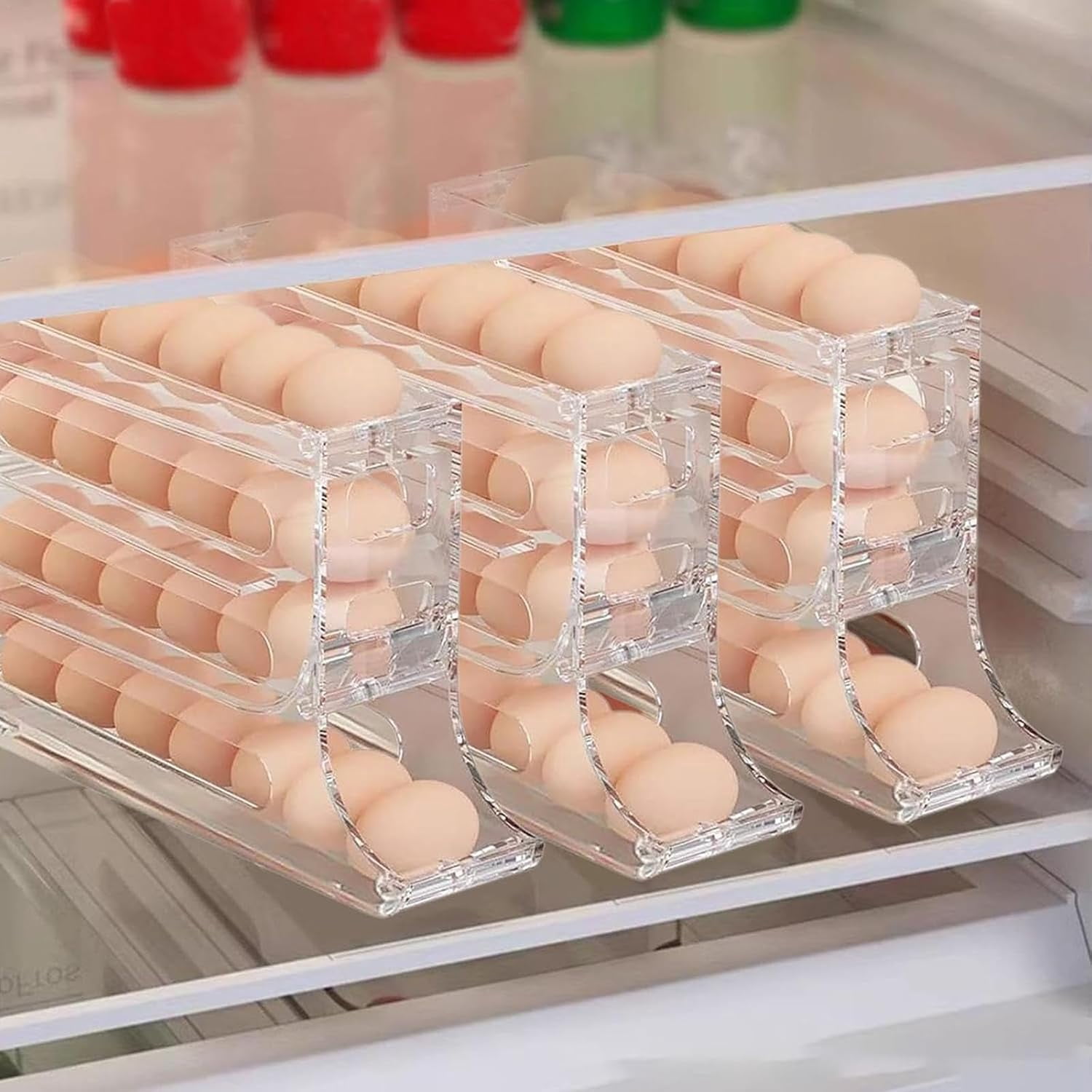 4 Tiers Egg Holder for Fridge, 2024 New Automatic Scrolling Egg Rack Holder, Space-Saving Egg Dispenser Auto Rolling, Large Capacity Eggs Organizer Storage 30 Egg for Fridge