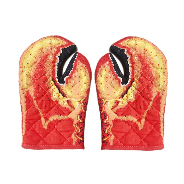 guantes de cocina resistentes al calor forro de con lazo colgante garra de cangrejo guantes para hornear, cocinar, asar barbacoa sunnimix horno mitones resistente al calor Par de guantes de horno en forma de pinza de langosta, vista frontal, rojo con impresión amarilla y negra que simula la garra, acolchado en patrón de rombos, tamaño aproximado 16 x 25 cm, forro interior suave y lazo para colgar; diseñados para proteger manos al retirar sartenes y bandejas del horno y también adecuados como agarraderas para barbacoa o recipientes calientes.
