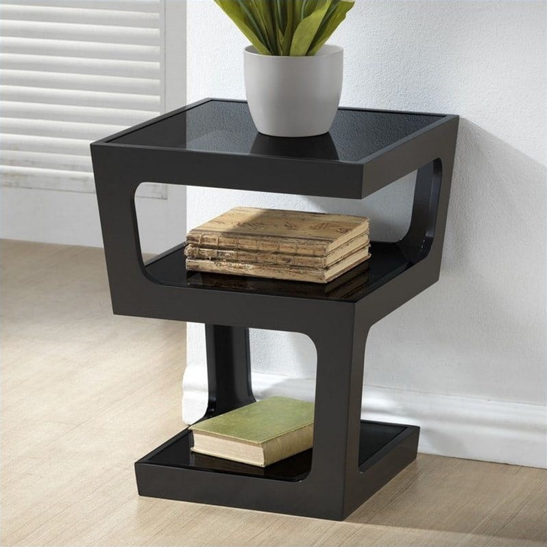 Baxton Studio Clara Black Modern End Table with 3-Tiered Glass Shelves