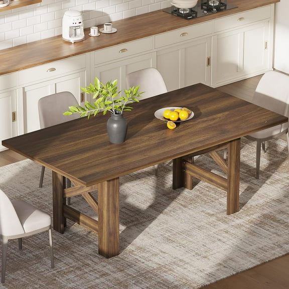 71" Rectangular Farmhouse Dining Table for 6-8 People, Rustic Brown Wooden Table with Thick Sturdy Frame & Stable Triangular Legs for Kitchen, Dining Room, or Office