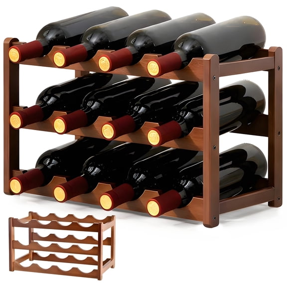 12 Bottle Wooden Wine Rack, 3-Tier Free Standing Tabletop Wine Holder, Space Saving Countertop Storage Shelf with Wave Design for Home Decor Bar