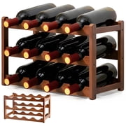 12 Bottle Wooden Wine Rack, 3-Tier Free Standing Tabletop Wine Holder, Space Saving Countertop Storage Shelf with Wave Design for Home Decor Bar