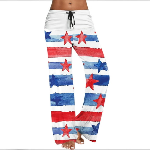 Ameican Flag Trouser Women's Mid Rise Straight Leg Pant 4th of July Holiday Pants Stars and Stripes Graphic Trousers Loose Fit Slacks Drawstrings Bottoms