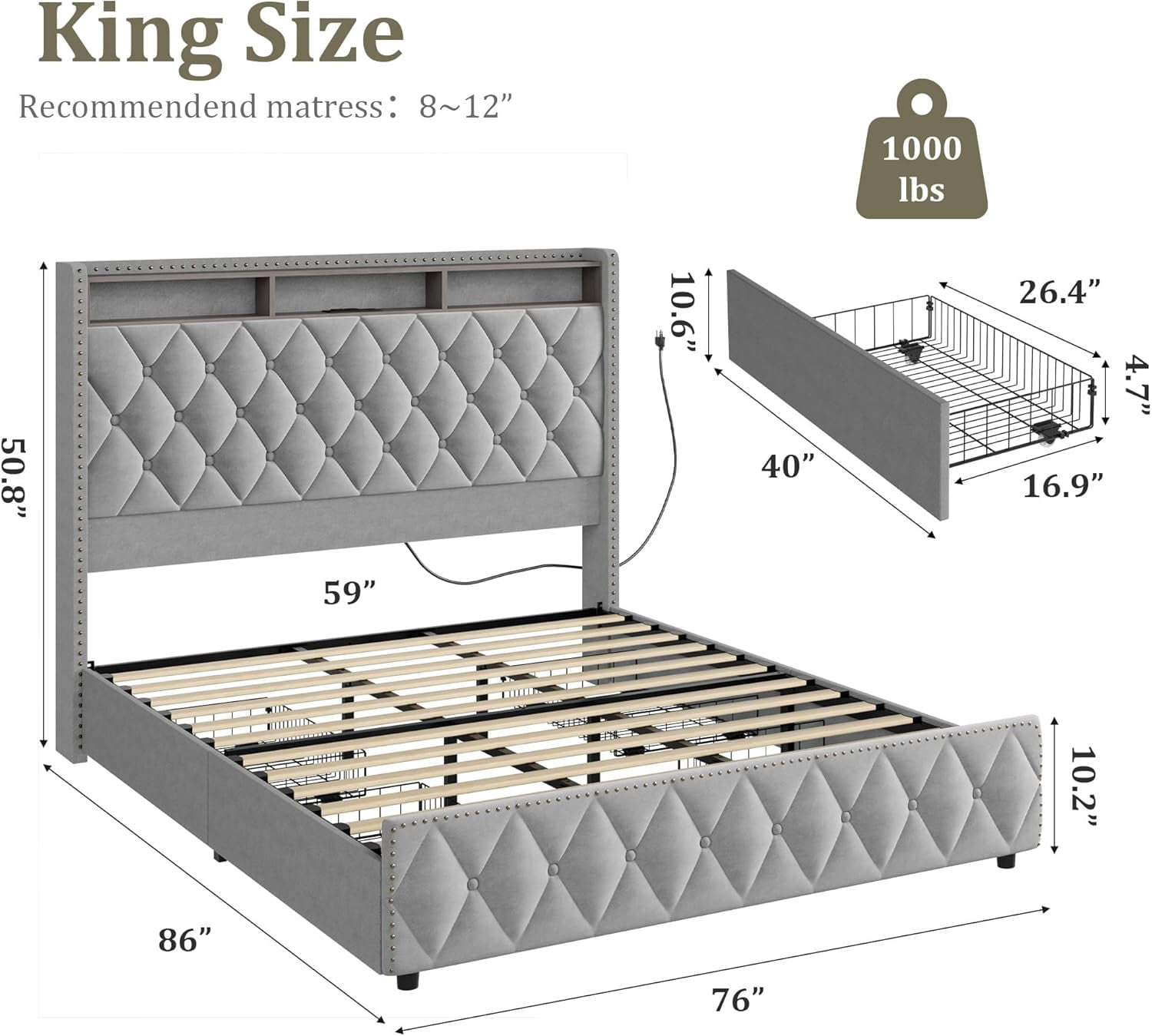 Memoryfield Upholstered King Size Bed Frame, Velvet Platform Bedframe with 4 Storage Drawers & USB Charging Station, No Box Spring Needed, Easy Assembly, Gray