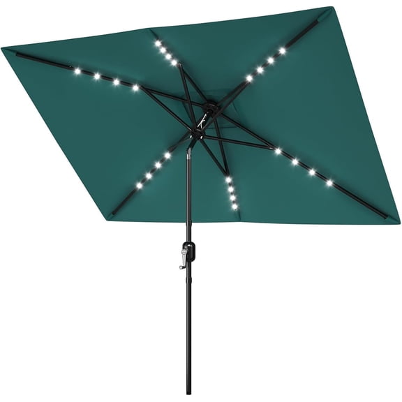 10' x 6.5' Solar Rectangular Patio Umbrella with Lights, Outdoor Table Umbrella with Crank and Push Button Tilt, Market Umbrella with 6 Sturdy Ribs Tilt for Garden, Deck, Lawn, Pool