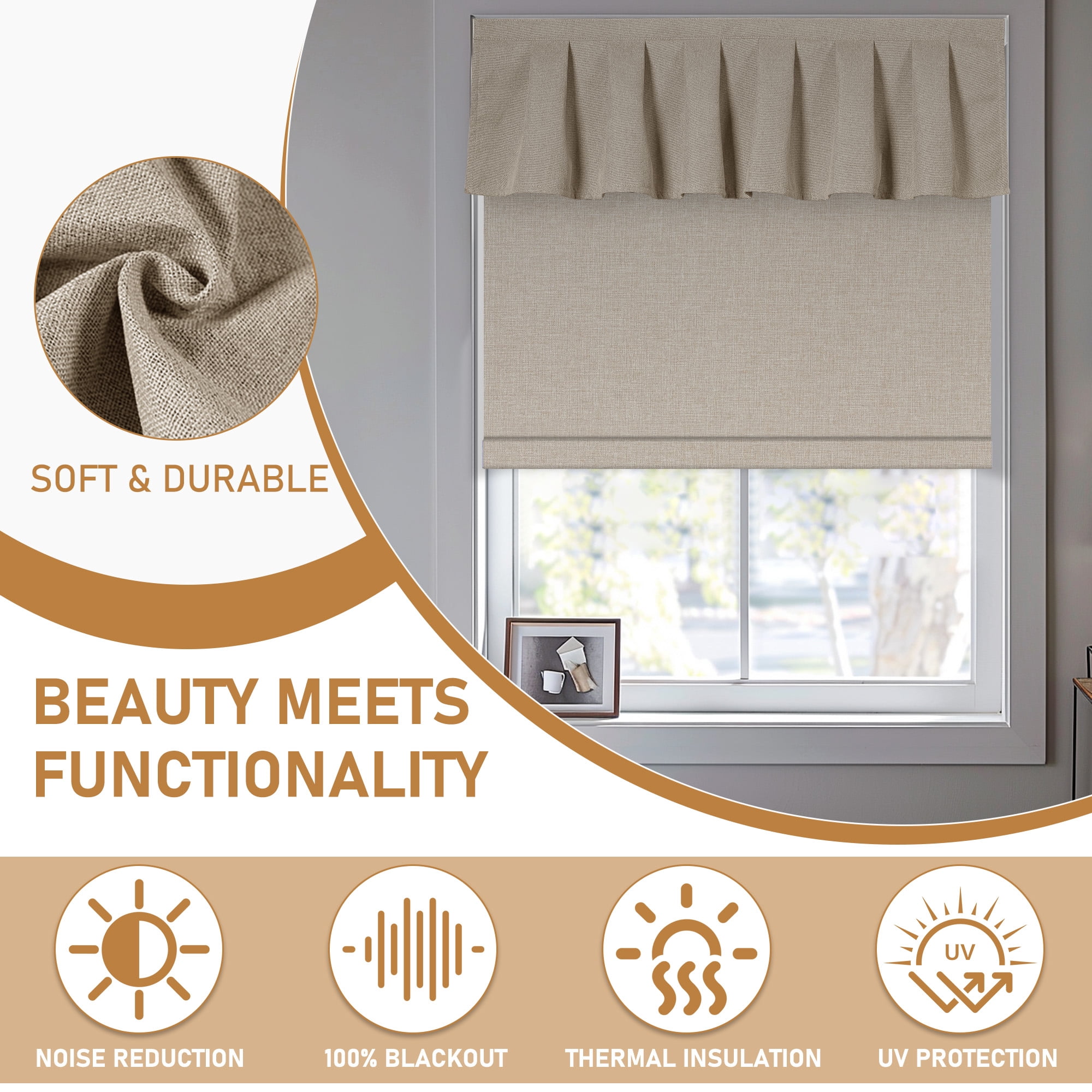 BERISSA No Drill Blinds for Indoor Windows, Blackout Roller Shade With Valance, Room Darkening Noise Reduction Thermal Insulation Roller Blinds for Office and Home,Easy to Install,46"W X 48"H,Brown
