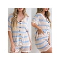 thumbnail image 3 of Yunliwuli Women 2-piece Striped Knit Outfit, Short Sleeve Button-down Shirt with Shorts Hollowed Summer Outfit, 3 of 10