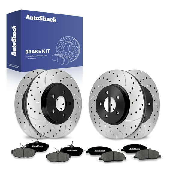 AutoShack Front Vented & Rear Vented Drilled & Slotted E-Coated Brake Rotors   Premium Ceramic Pads 12-PC Brake Kit Replacement for 2005-2010 Ford Mustang ShadowGuard