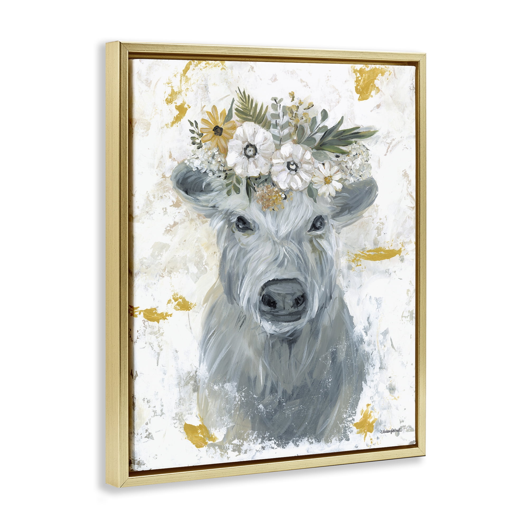 Stupell Industries Grey Cattle with Flowers Animals & Insects Painting Gold Floater Framed Canvas Art Print Wall Art, 25 x 31