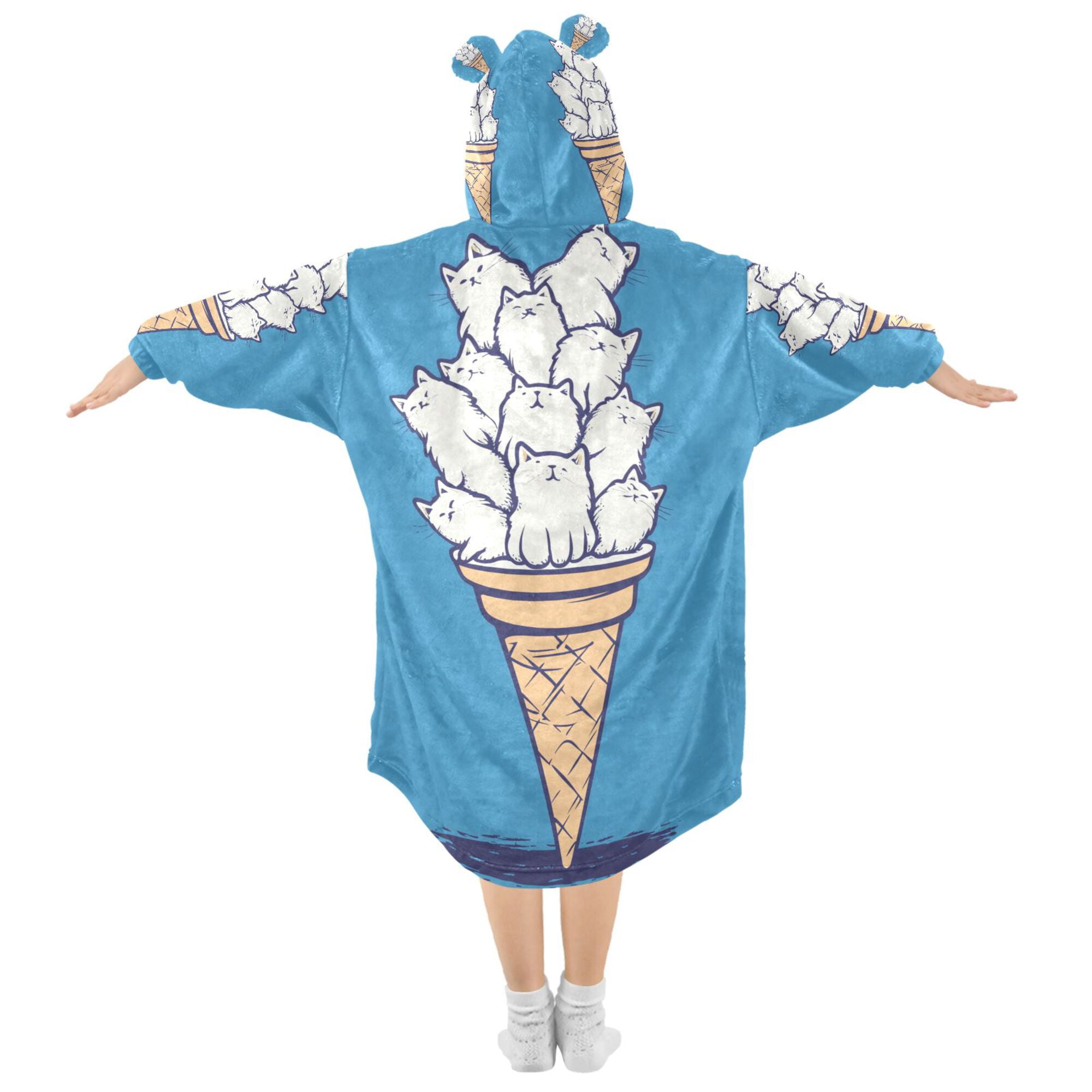 FORMRS Wearable Blanket Hoodie with Sleeves for Kids Cozy Flannel Sweatshirt, Ice Cream Cat
