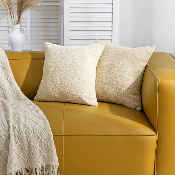 Sonive 2Pcs Throw Pillow Cover 20"×20", Fuzzy Decorative Fleece Cushion for Couch Home Deco, Yellow