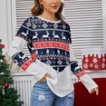 thumbnail image 3 of Camisa con estampado navideño, bloque de color, manga larga, informal, holgada, con cuello redondo, blusa estampada para mujer, azul, XXL, 3 of 5