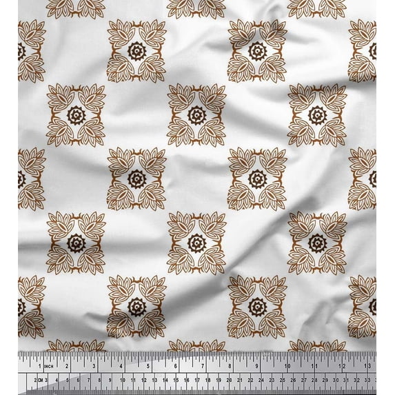 Soimoi Brown Cotton Voile Fabric Geometric & Floral Block Print Fabric by the Yard 42 Inch Wide