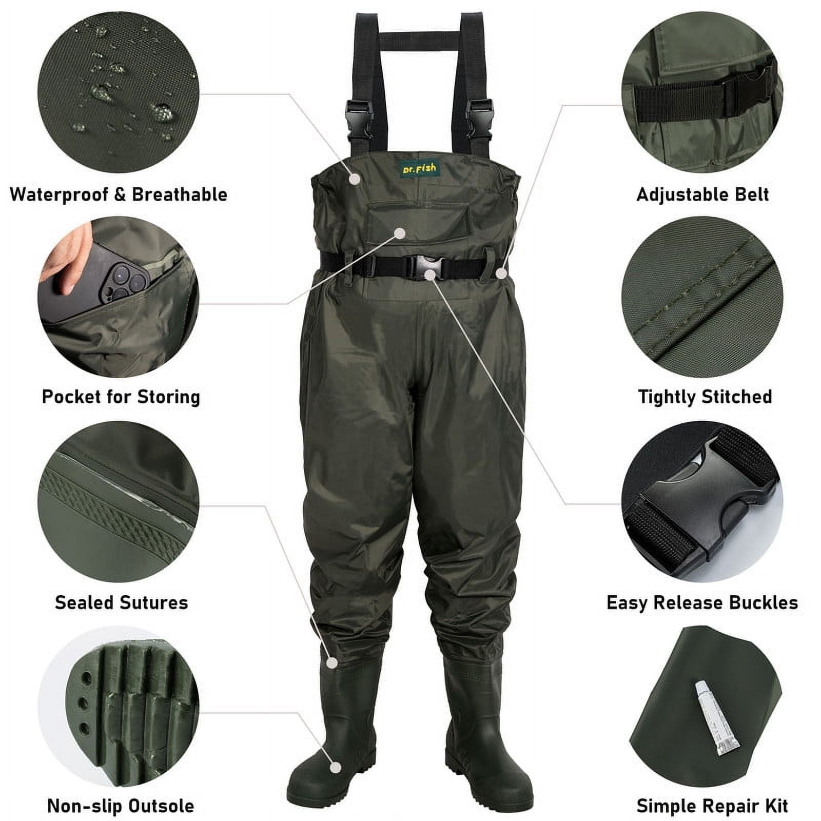 Dr.Fish Waterproof Chest Waders with Boots for Fishing, Gardening, Farming, Hunting