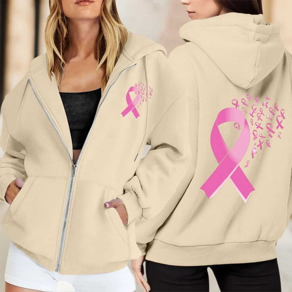 Oversized Sweatshirt For Women Solid Color Zip Up Hoodie Pullover Cancer Awareness Month Drawstring Casual Comfortable For Everyday Wear Tops Clothes With Pocket