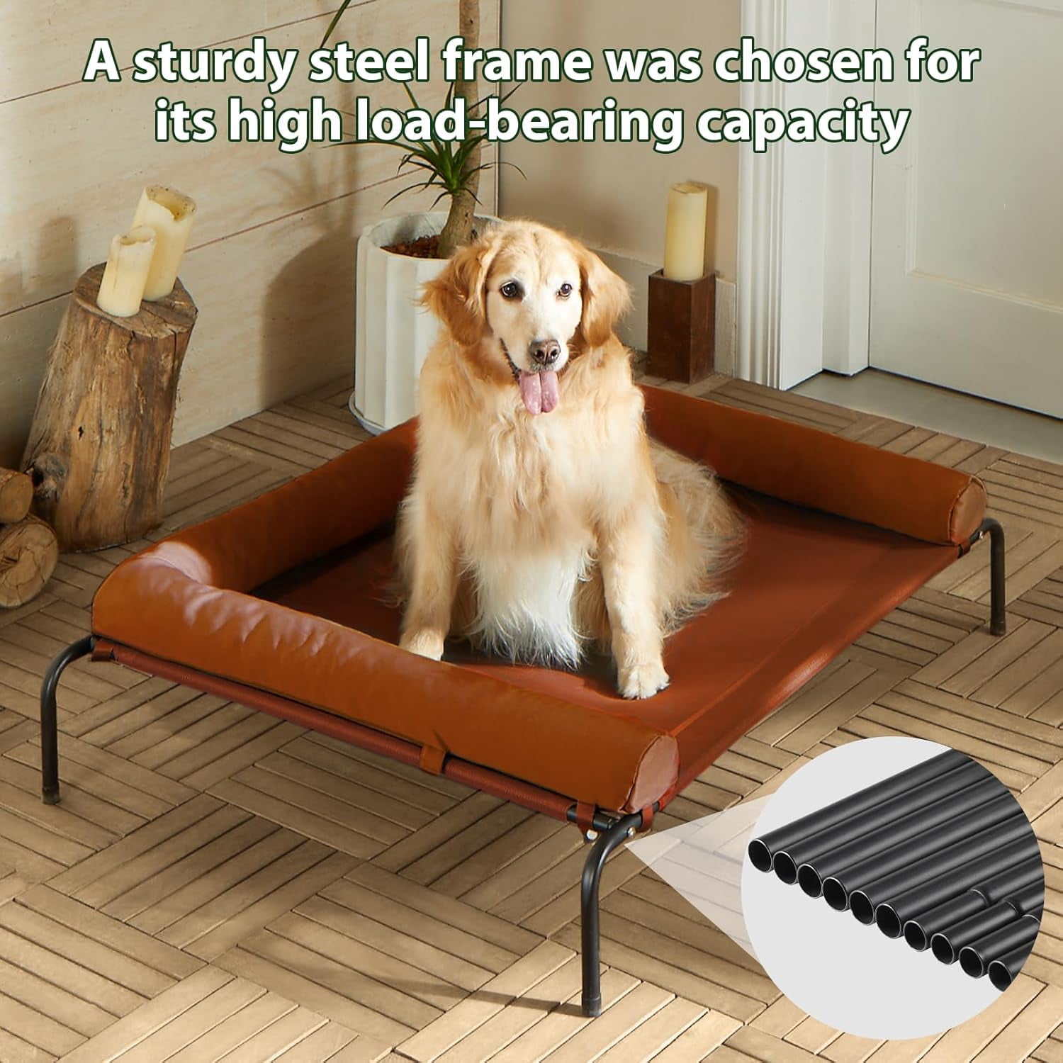 Large Elevated Cooling Dog Bed, Breathable Mesh, Metal Frame, 36x26x8 inches, 75 lbs Capacity, Caramel
