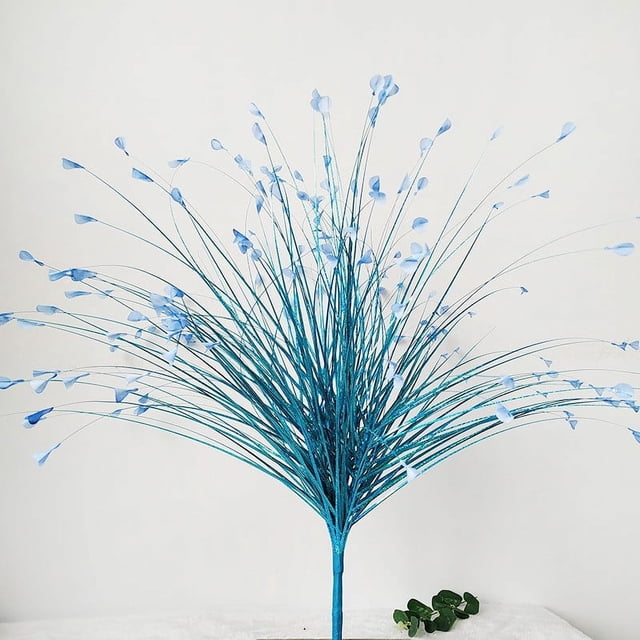 Nvzi Flor artificial con purpurina para decoración navideña, flor de junco, hierba de pavo real falsa, azul