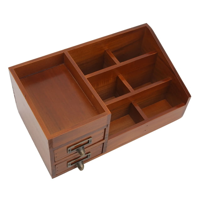 Organizador De Maquillaje De Madera, Retro Antiguo 2 Cajones 1 Partición Grande 6 Particiones Pequeñas Organizador De Escritorio De Madera Para Suministros De Oficina Para