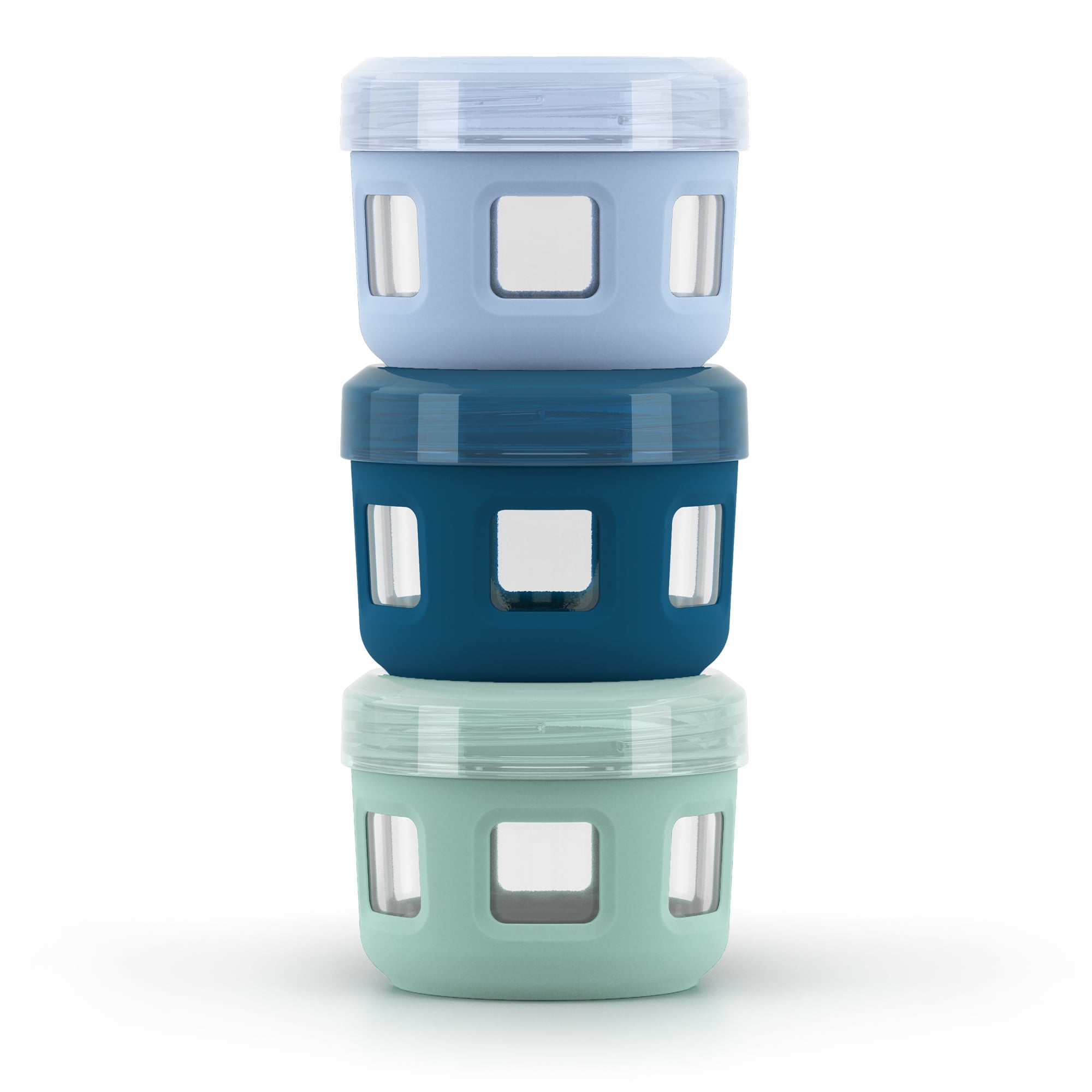 Image of Ello Duraglass Reusable Glass Condiment Containers with Leak Proof Plastic Lid, 4 oz, Set of 3