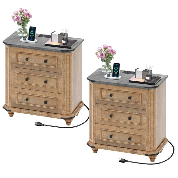 Craftian Rustic Bedside End Table Set of 2 with Power Outlets & 3 Drawers, Brown