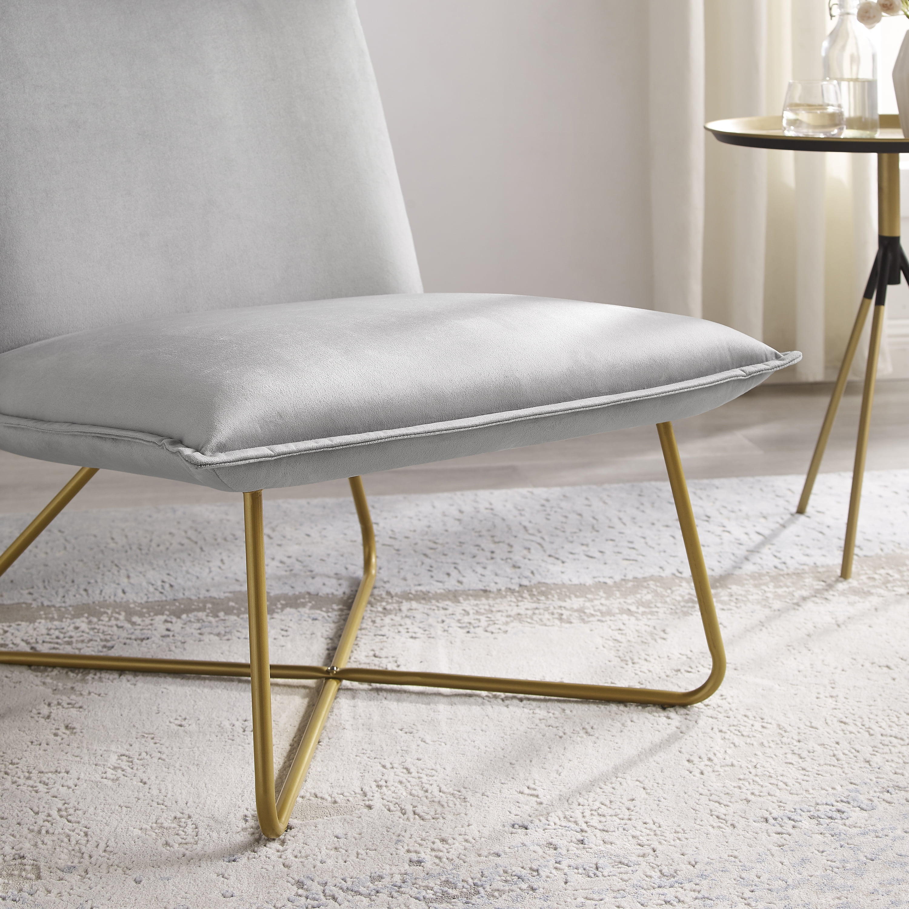 Linon Kinard Pillow Accent Chair with Gold Metal Legs, Gray Velvet