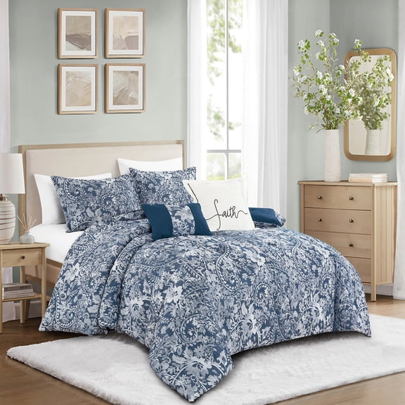 5-Piece Vintage Blue & White Paisley Comforter Set,Traditional Farmhouse All Season Bedding Set