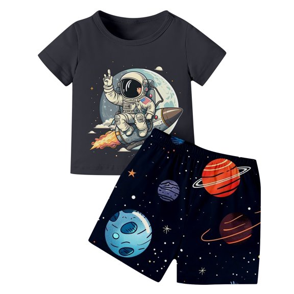 Hiijoy Toddler Boys Outfit Set Astronaut Print Short Sleeve T Shirt & Shorts, Sizes 3-4T