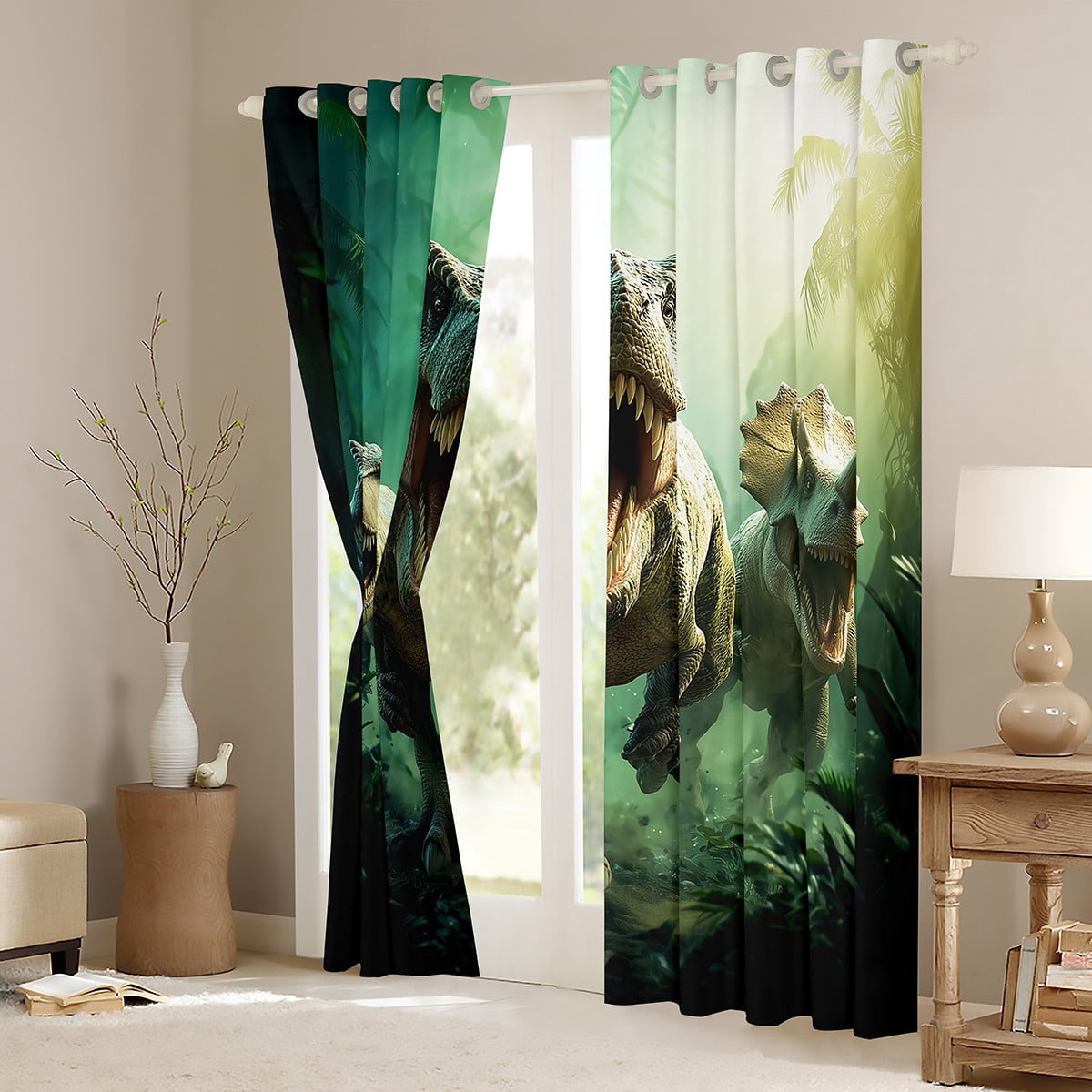 Manfei Boys Dinosaur Black Out Curtains, Dino Theme Curtains Pack of 2 (42x63 Each), Jungle Wildlife Bedroom Curtains, Luxurious Room Decor