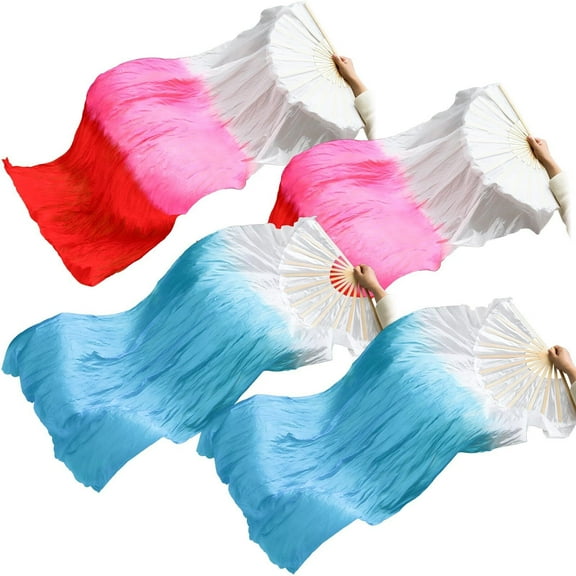 2 Pairs Belly Dance Fans 1.8M/6 Ft Long Bamboo Faux Silk Veils Fans for Women Dancers - Stage Performances, Worship Dance, Wedding Shows, Left & Right Hand, Gradient Color