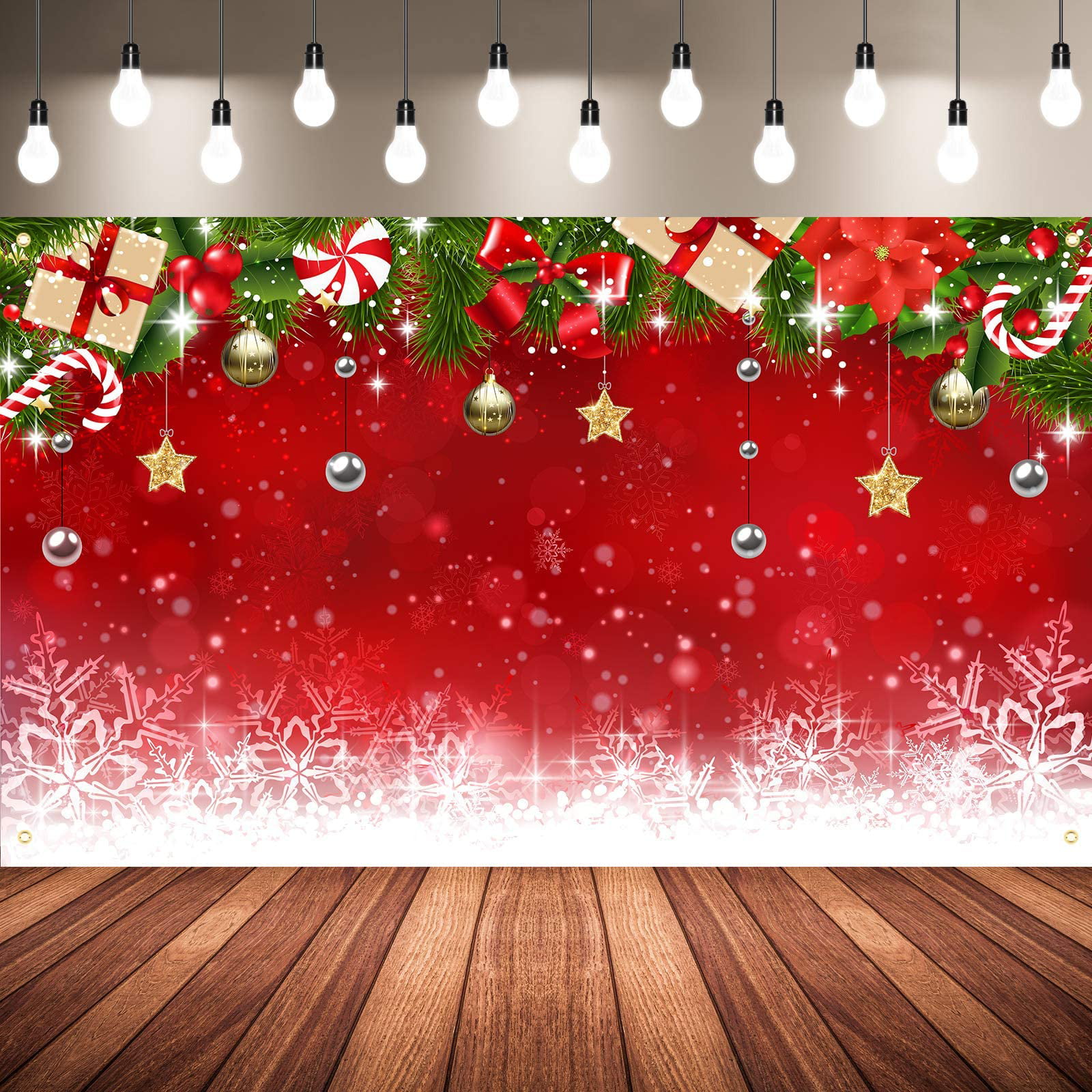 6x9ft Vinyl Merry Christmas Festival Holiday Celebration Background Outdoor Snowing Wood Lantern Red Candle Balls Wood Plank Floor Photo Shooting Backdrop 