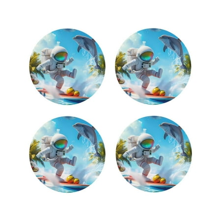 

Fuzoiu Astronaut Tropical Dolphin Print Leather Coasters Set Drink Coasters Set of 4 for Tabletop Protection Durable PVC Coasters Home Décor and Housewarming Gift-Round Shape