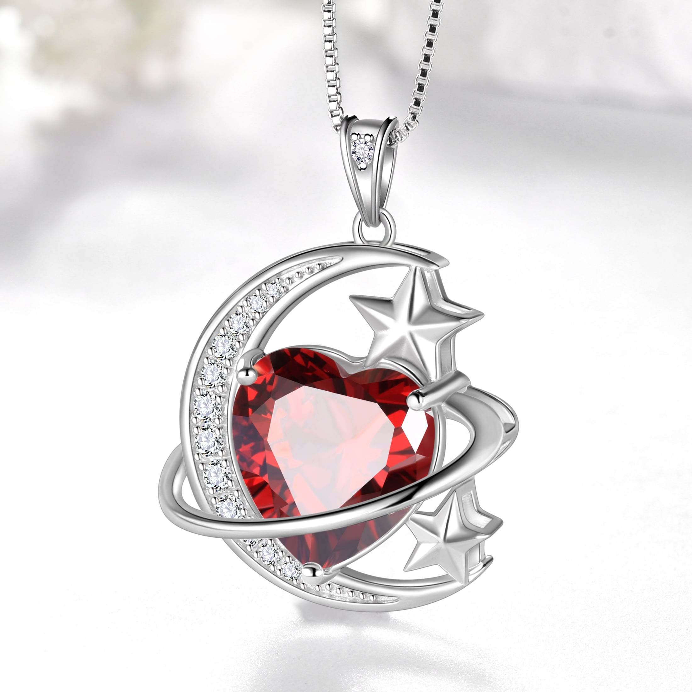 Juwaliy 13MM Women Moon and Star Necklace Heart January Birthstone 925 Sterling Silver Pendant Planet Celestial Necklace Red Garnet Jewelry Birthday Valentine's Day Gift for Mother