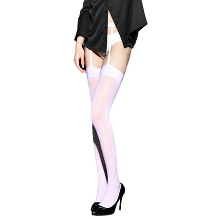 POPLIS Womens Oil Sheer Thigh High Pantyhose Stockings Attached Garter Belt Open Crotch Silky Tights Lingerie