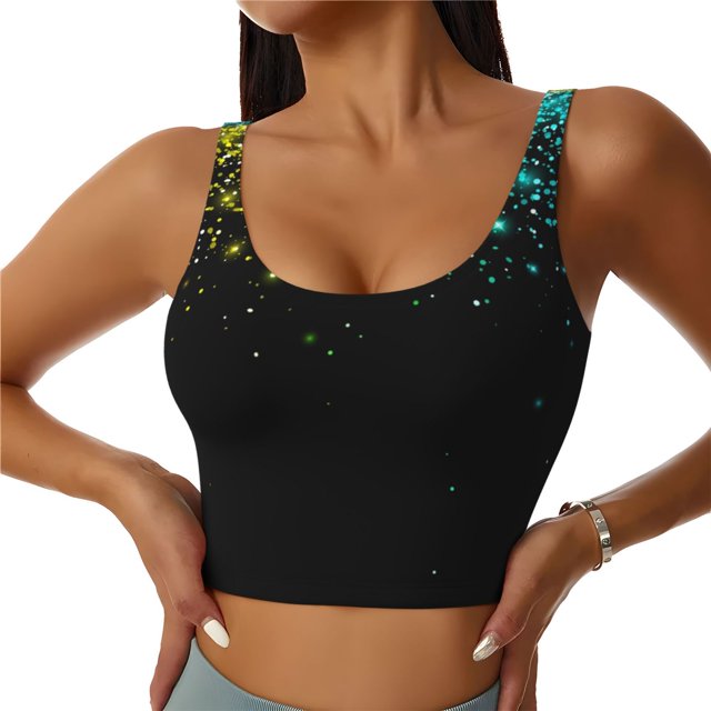 Fotbe Night Rainbow Sparkles Sujetador Deportivo Largo sin Aros para Mujer con Almohadillas y Soporte Medio, Transpirable y Absorbente, Camiseta Tipo Chaleco o Tank Top-Medium