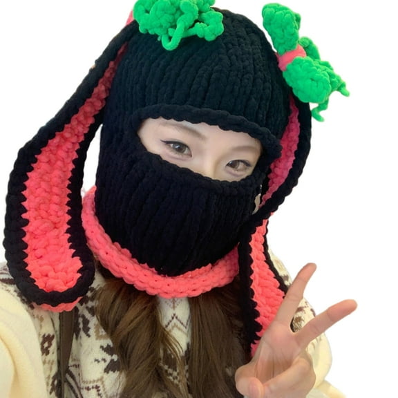 Knitted Balaclava Cap With Rabbit Ears Windproof Warm Hat For Women Girl Skiing Cycling Winter Outdoor Activity Headpiece